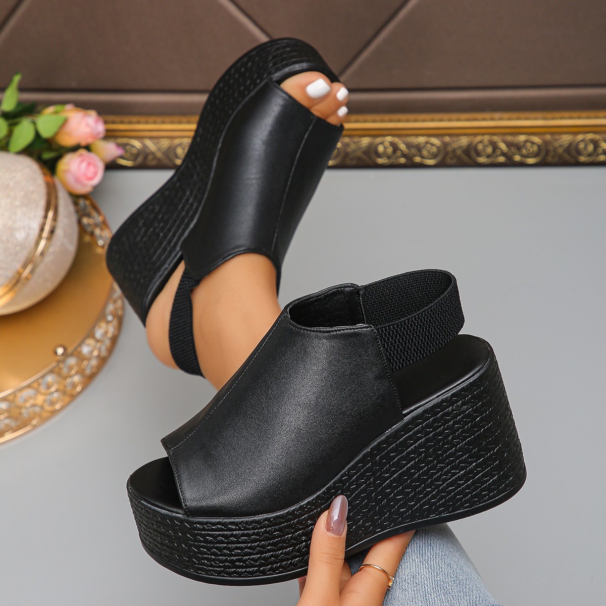 Elastic Waistband Roll - Sandalias de mujer, sandalias de cuña
